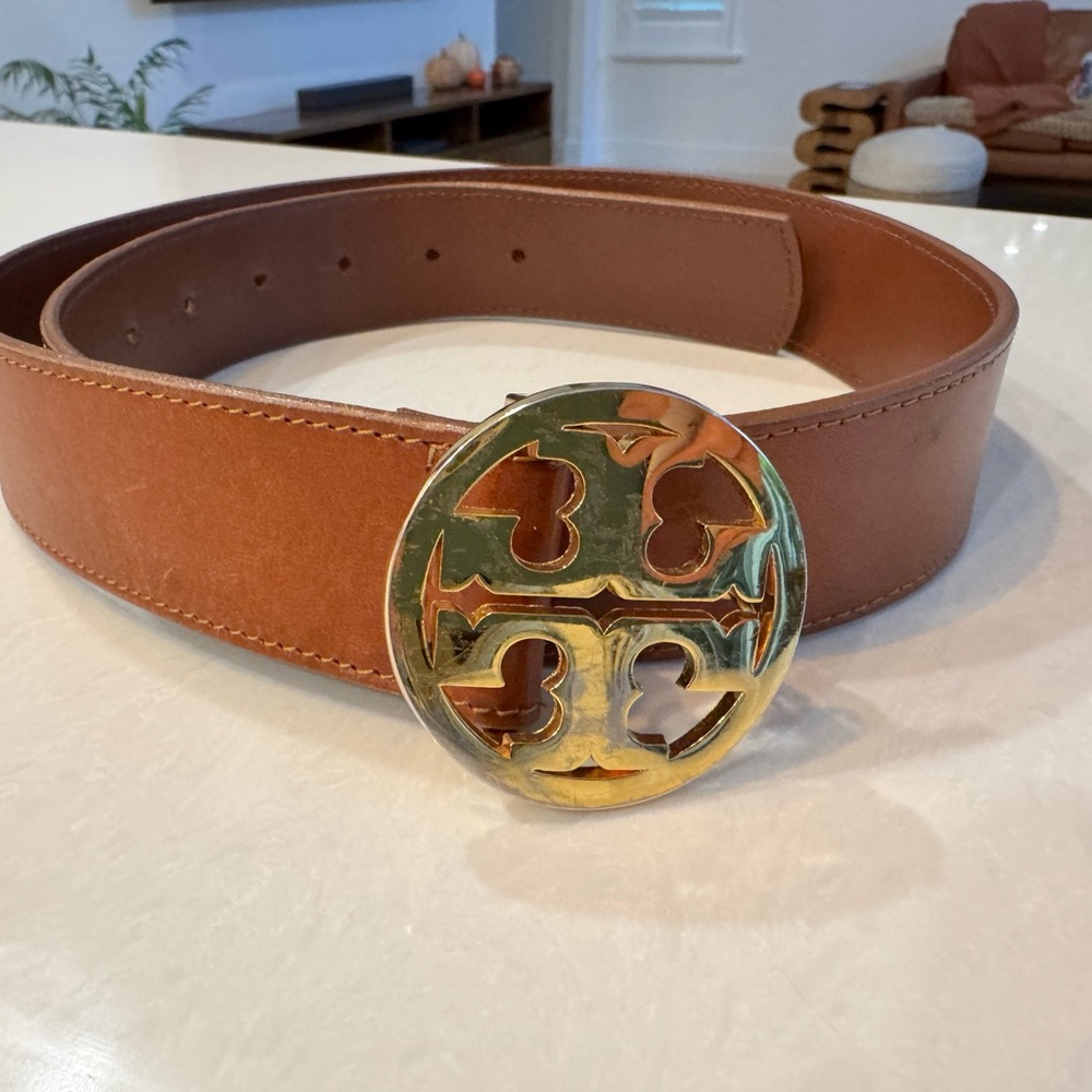 Tory Burch Tan Leather Belt with Gold Emblem